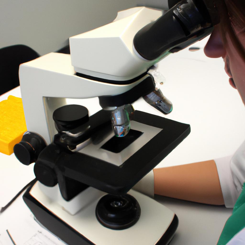 Person analyzing samples, microscope